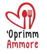 Logo a forma di cuore rosso con cucchiaio e forchetta sopra la scritta “Oprimm Ammore”