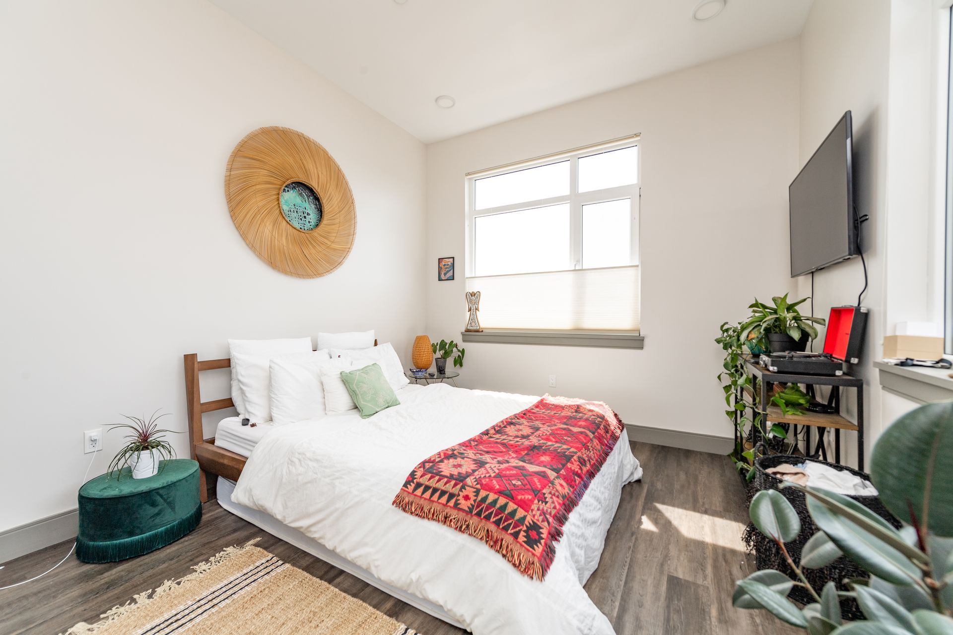 Bedroom with bed, rug, plants, TV, and large circular wall decoration.