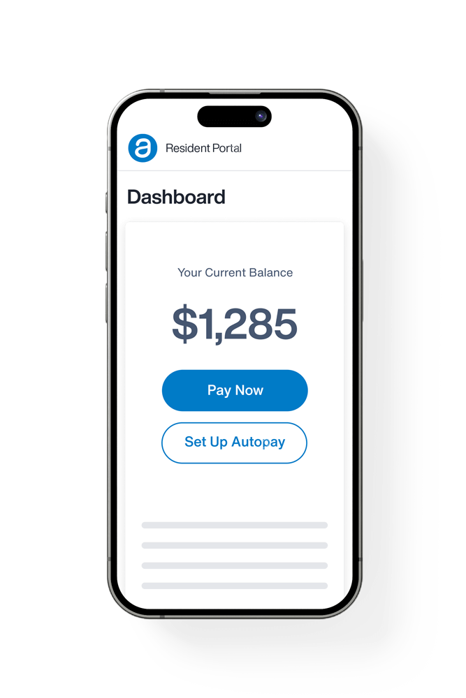 Smartphone displaying a dashboard with a balance of $1,285 and buttons to pay now or set up autopay.
