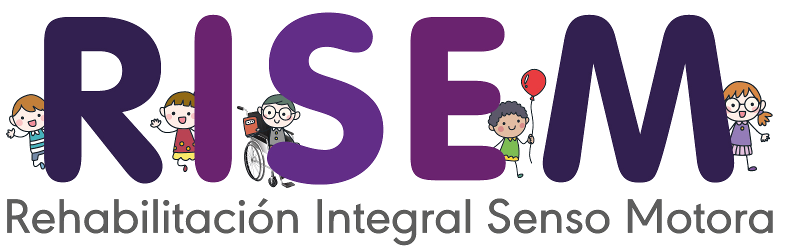Logotipo de RISE M, Rehabilitación Integral Senso Motora. Incluye niños y una persona en silla de ruedas. Color morado.