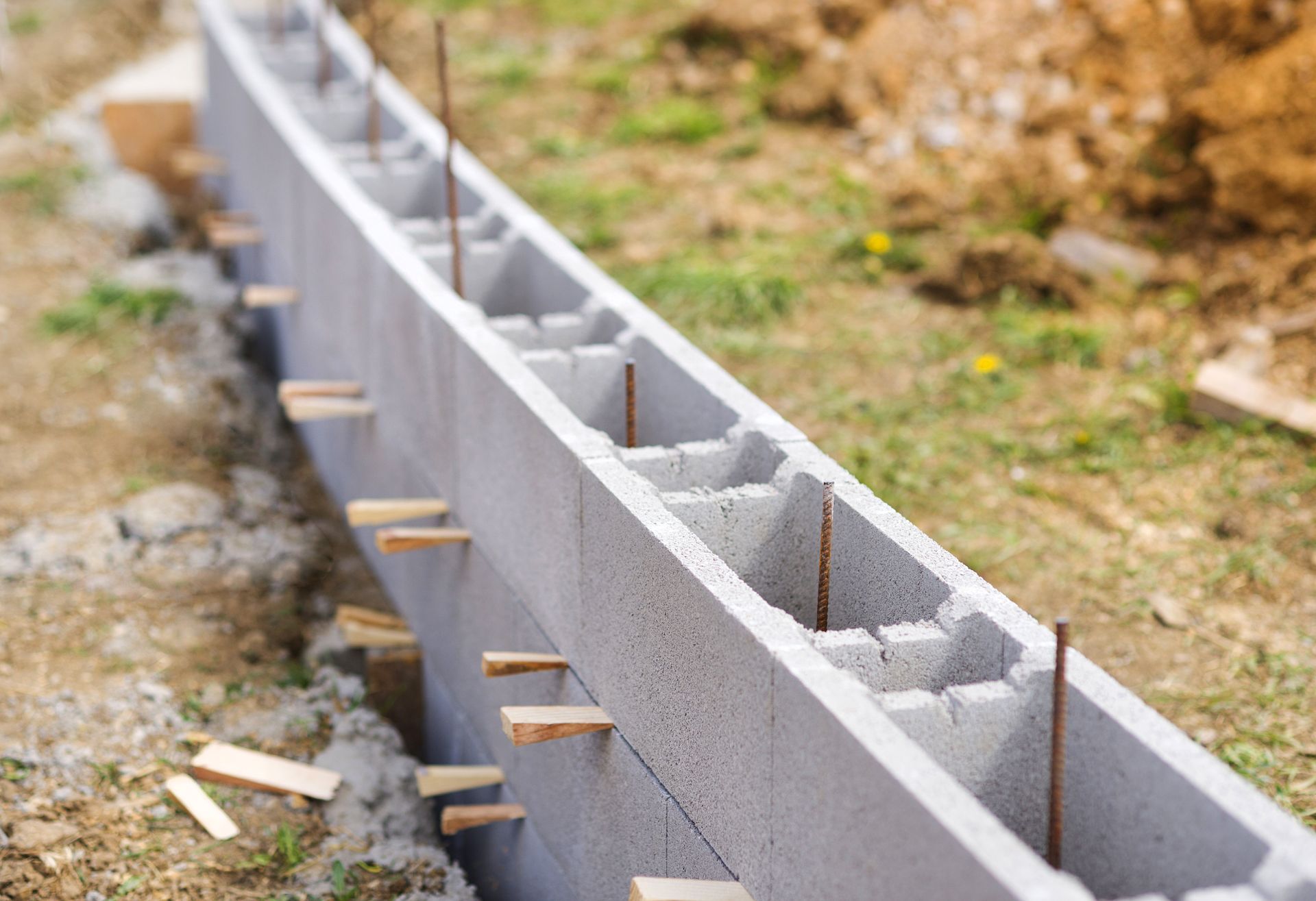 Concrete block wall under construction with rebar pins along a dirt foundation trench