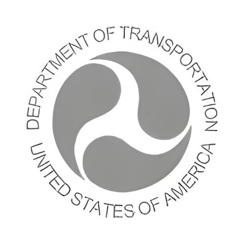 U.S. Department of Transportation logo: a gray circle with white, stylized symbol, text around the edge.