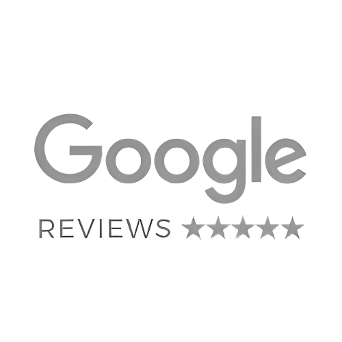 Google Reviews logo, gray text and stars indicating a 5-star rating.