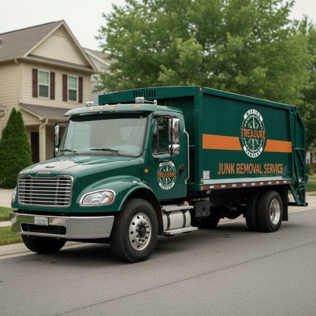 Green Treasure Junk Removal truck parked in front of a house on a residential street.