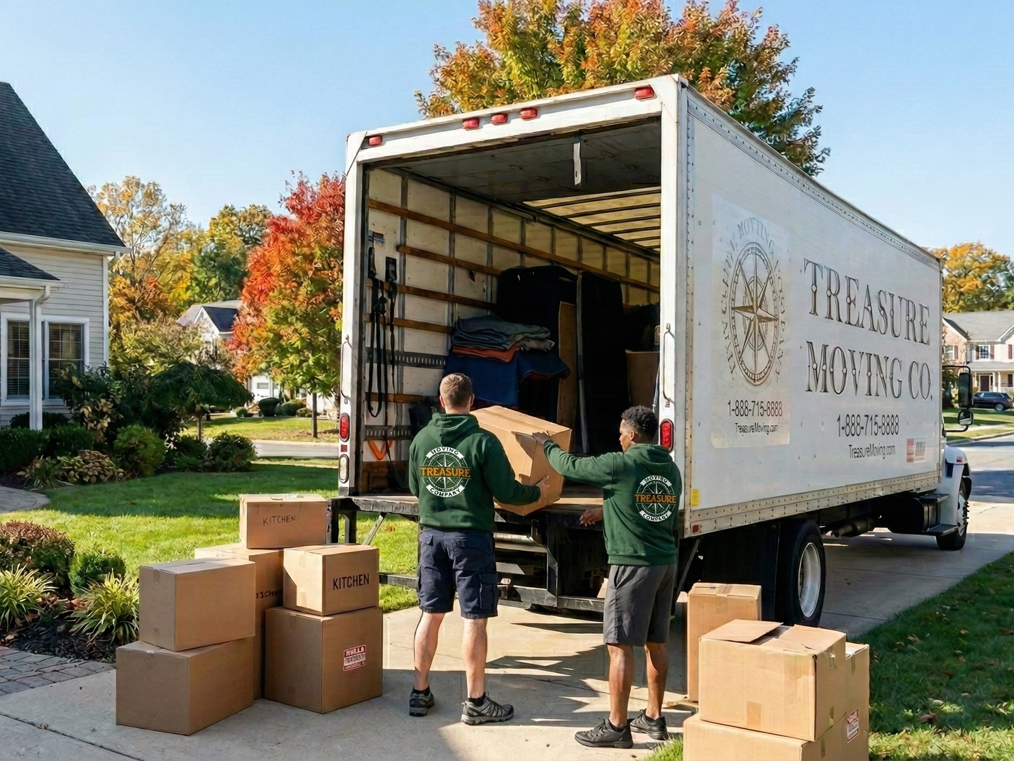 Two movers in green hoodies holding cardboard boxes near a truck, smiling.