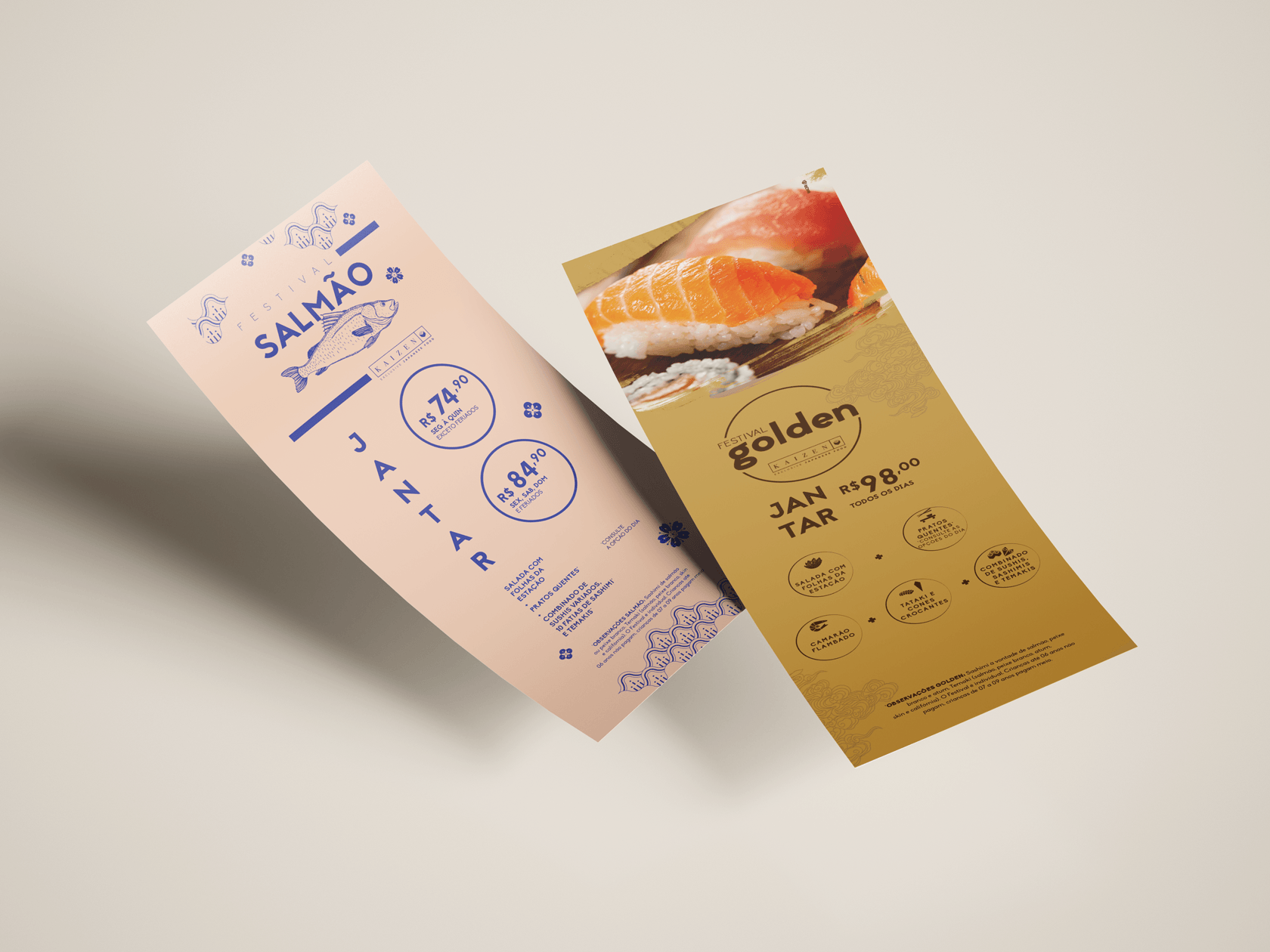 Um folheto de um restaurante com uma foto de salmão.