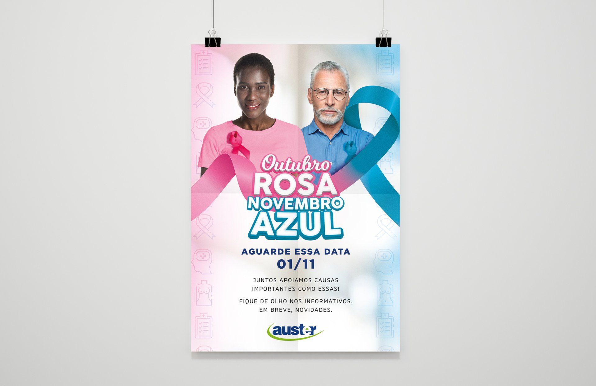 Um pôster de um evento de conscientização sobre o câncer de mama pendurado na parede.