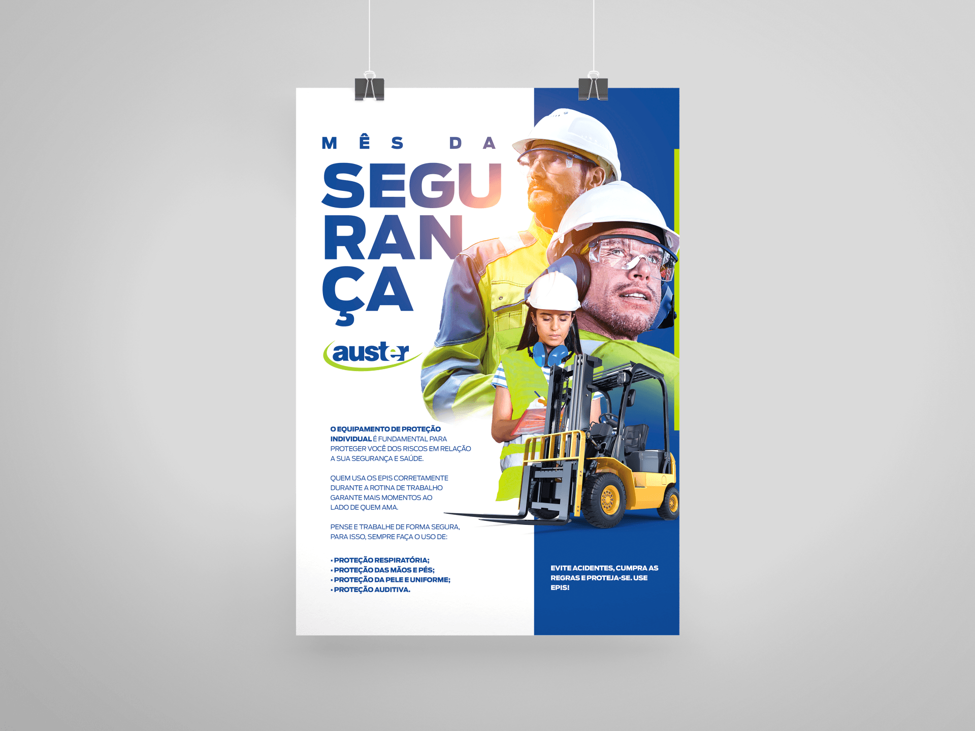 Um cartaz com uma empilhadeira e trabalhadores nela.