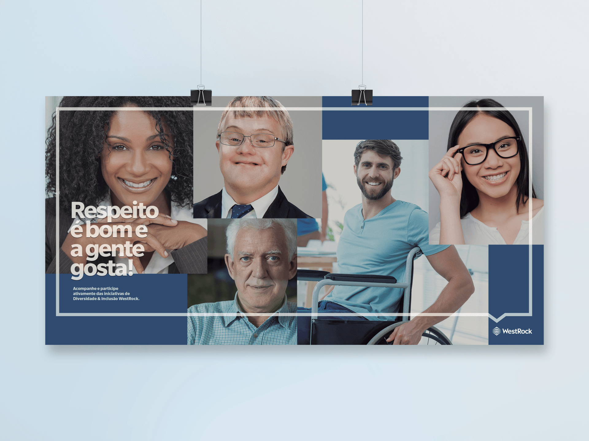 Uma colagem de rostos de pessoas está pendurada na parede.