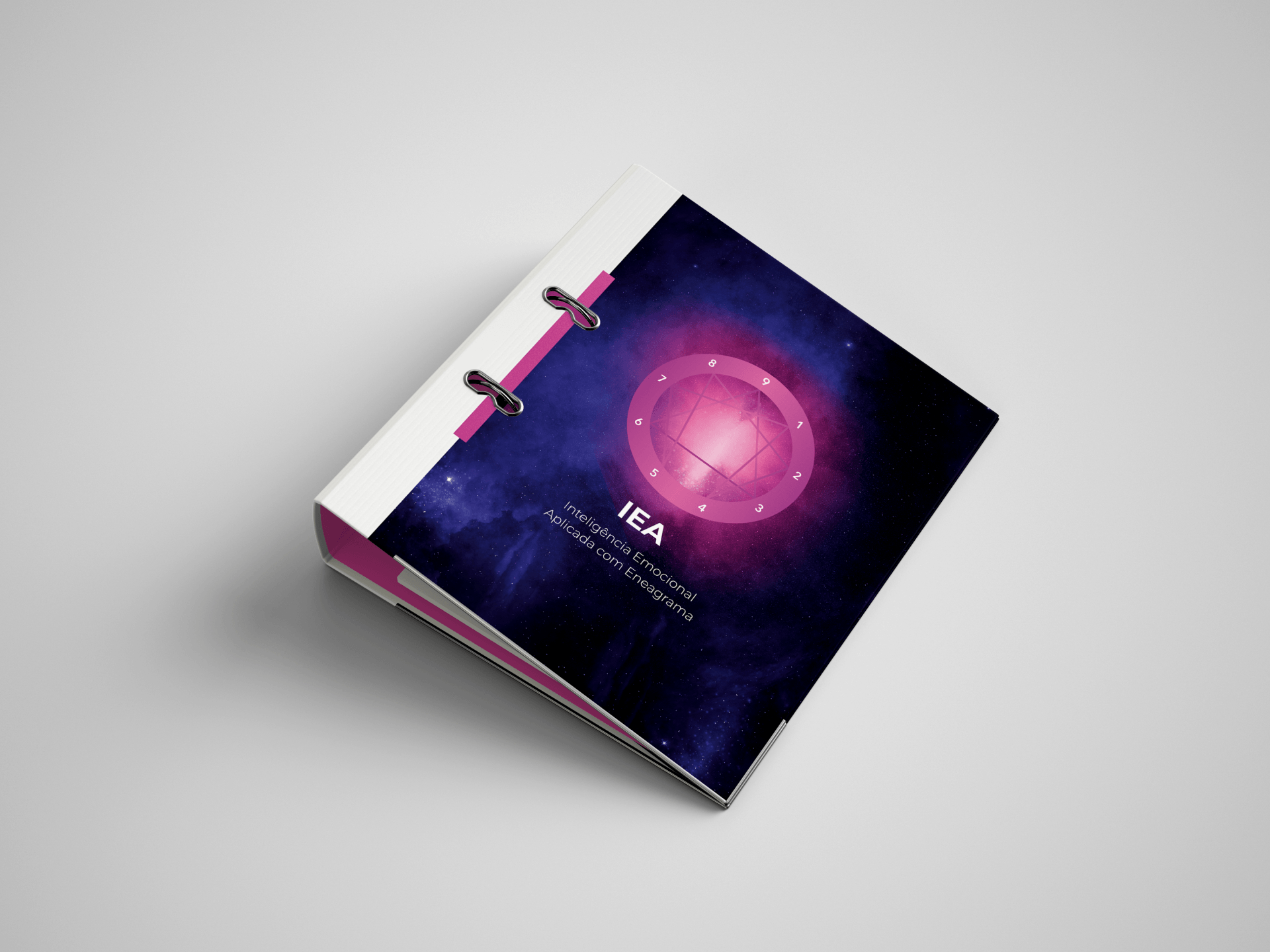 Um fichário com capa roxa e rosa está sobre uma mesa.
