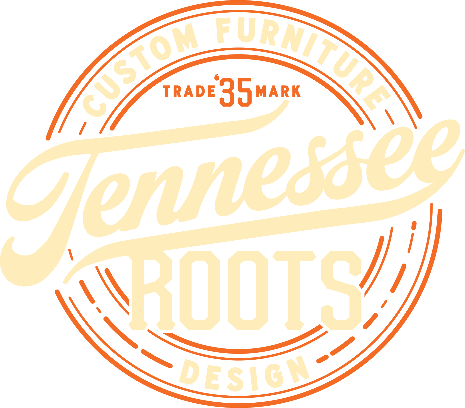 A logo for tennessee roots that says custom furniture trade 35 mark