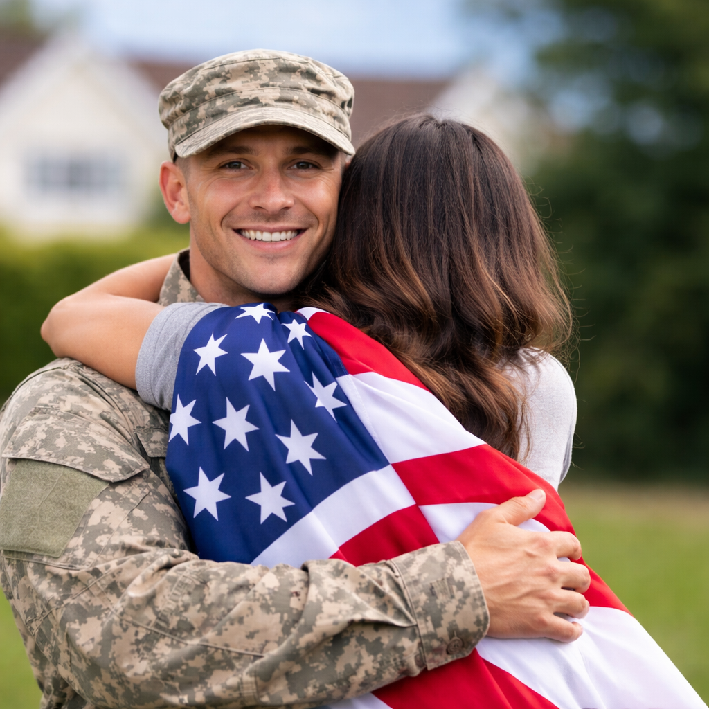 veteran hugging wife