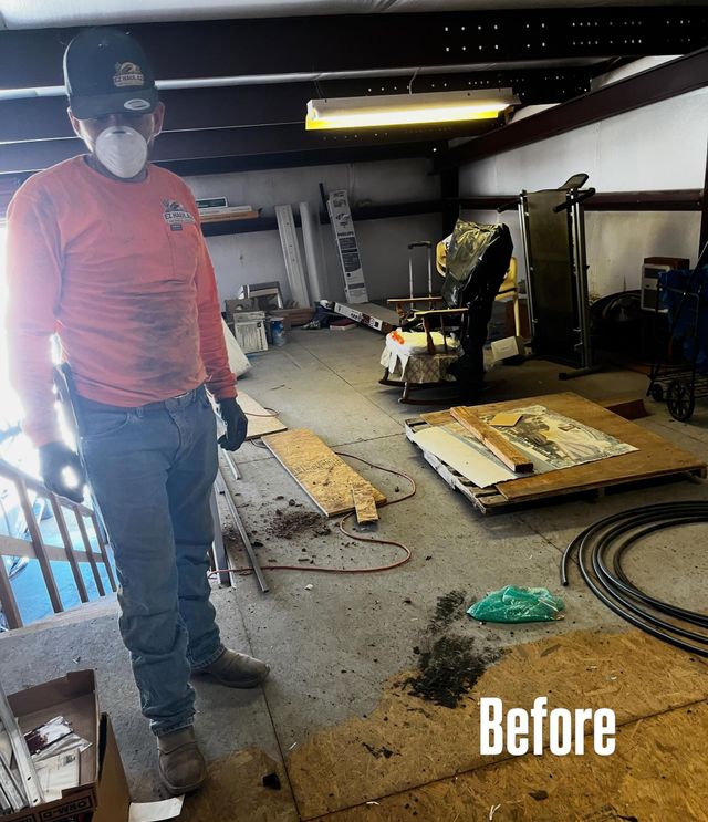 Man standing in a cluttered garage with tools, wood, and equipment; “Before” text in corner.