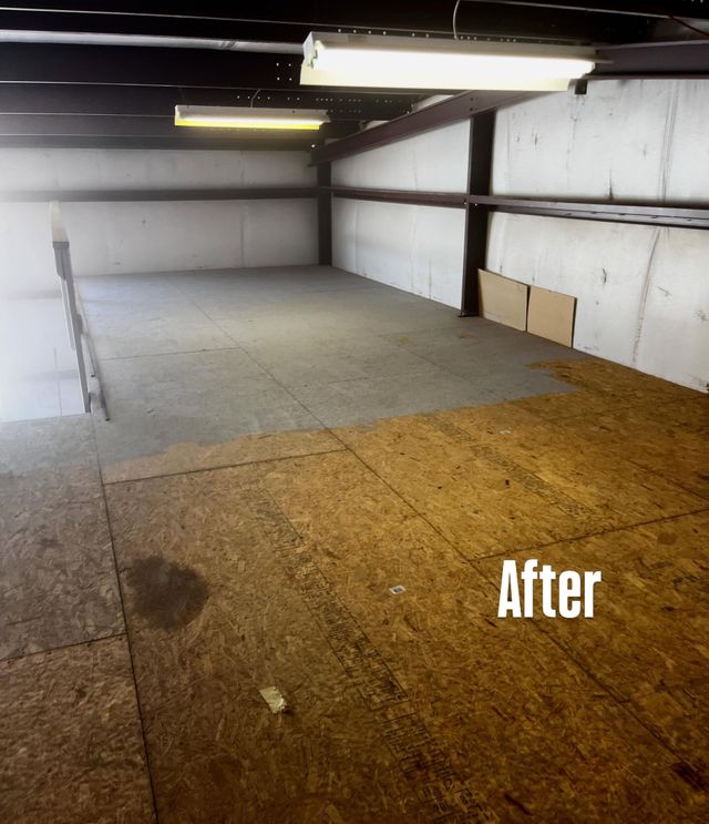 Empty warehouse room with gray walls and a partially wood-covered floor labeled “after”.