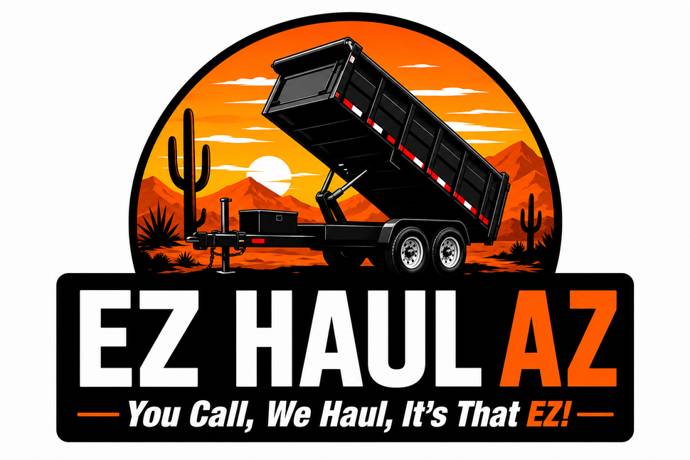 EZ HAUL AZ logo with a black dump truck over an orange desert sunset and cacti; tagline: “You Call, We Haul, It’s That EZ!”