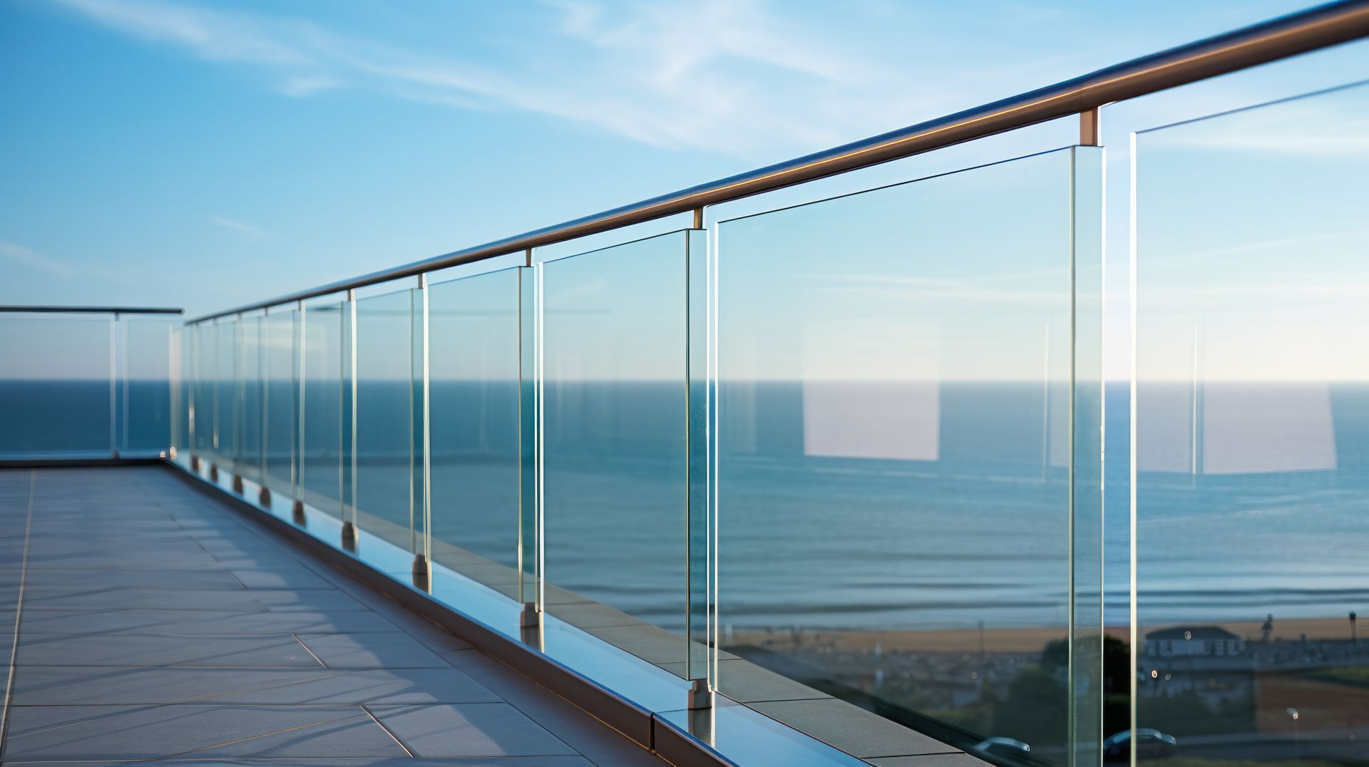 Glass balcony railing overlooking the ocean, with clear panels, metal posts, and a coastal view. Glass balcony railing overlooking the ocean, with clear panels, metal posts, and a coastal view.