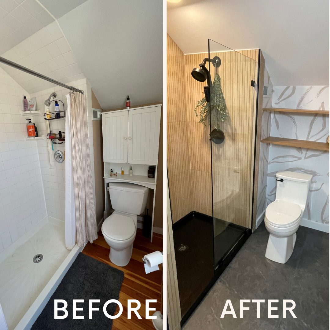 Bathroom renovation before and after: Shower, toilet, and shelving updated with modern finishes.