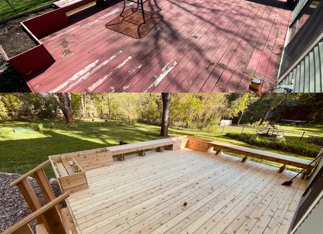 Before and after of a deck. Top shows weathered red deck. Bottom shows newly built wooden deck with benches.