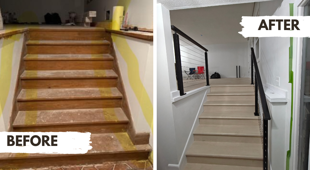 Staircase renovation: Before and after. Old wooden stairs vs. new light-colored steps, with black railings and white walls.