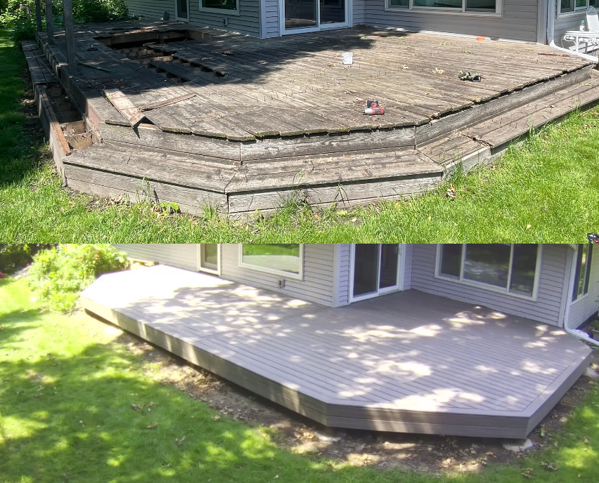 Before and after photos of a deck renovation. Old, weathered wood deck replaced with a new composite deck.