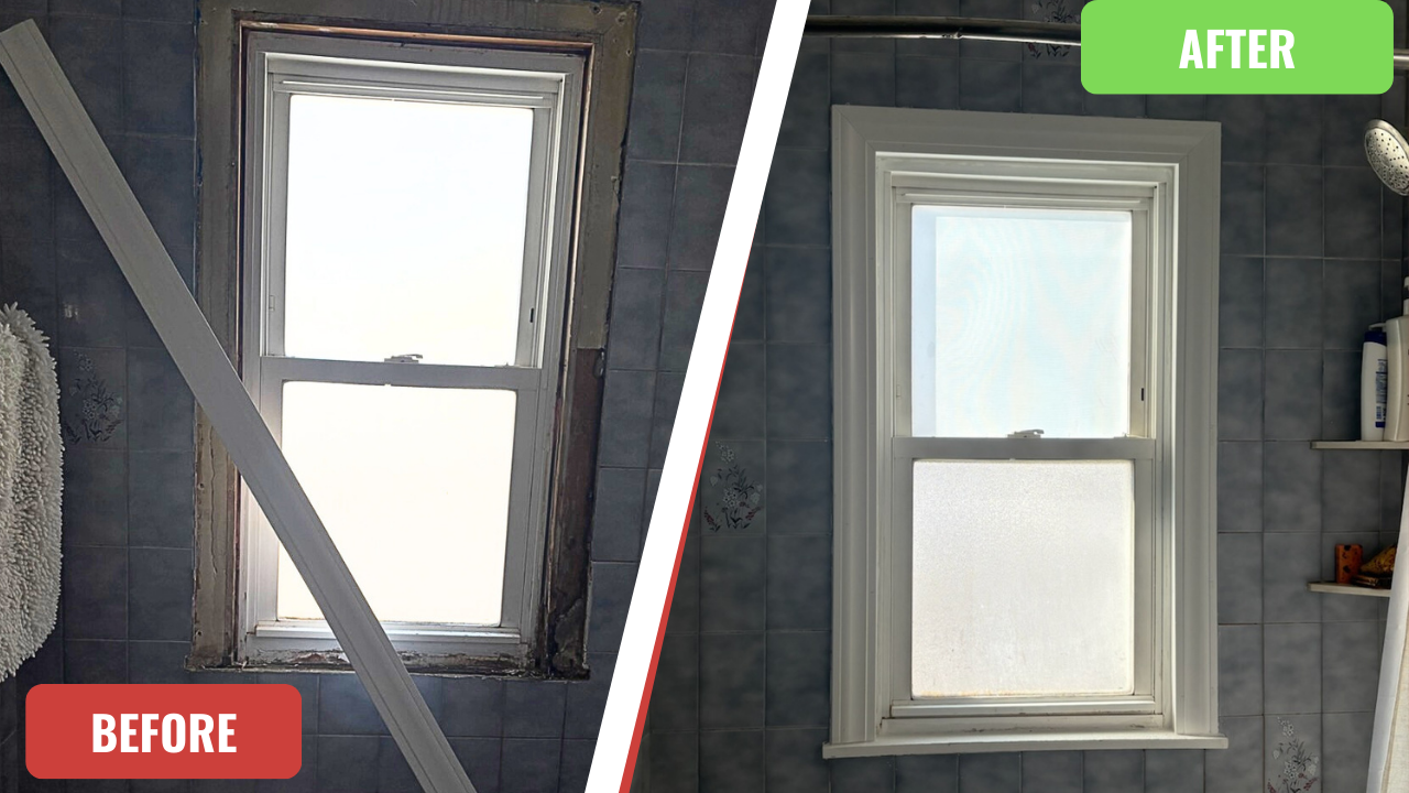 Bathroom window before and after renovation. Old, weathered frame replaced with a fresh, white one.