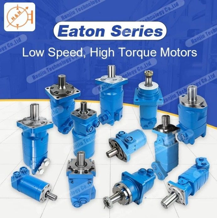 Motores Eaton de baja velocidad y alto par de la serie Eaton en color azul, dispuestos sobre un gráfico promocional.