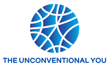 Logo for The Unconventional You, featuring a blue abstract circular design with scattered dots and lines, symbolising uniqueness, growth, and transformation.