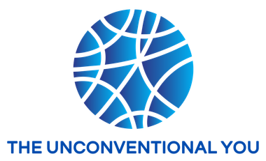 Logo for The Unconventional You, featuring a blue abstract circular design with scattered dots and lines, symbolising uniqueness, growth, and transformation.