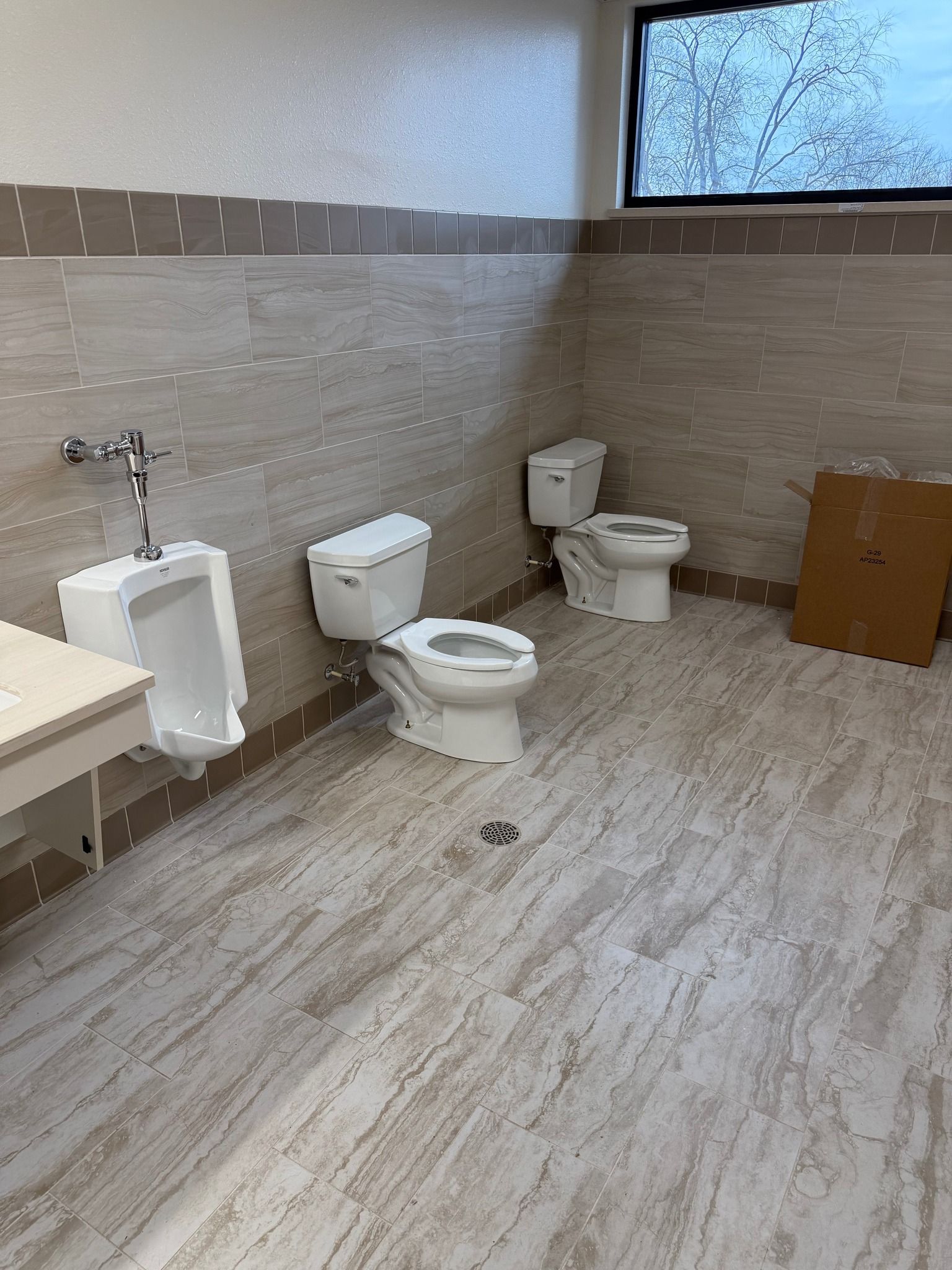 Accessible restroom with urinal, toilet, bidet, sink, and large window