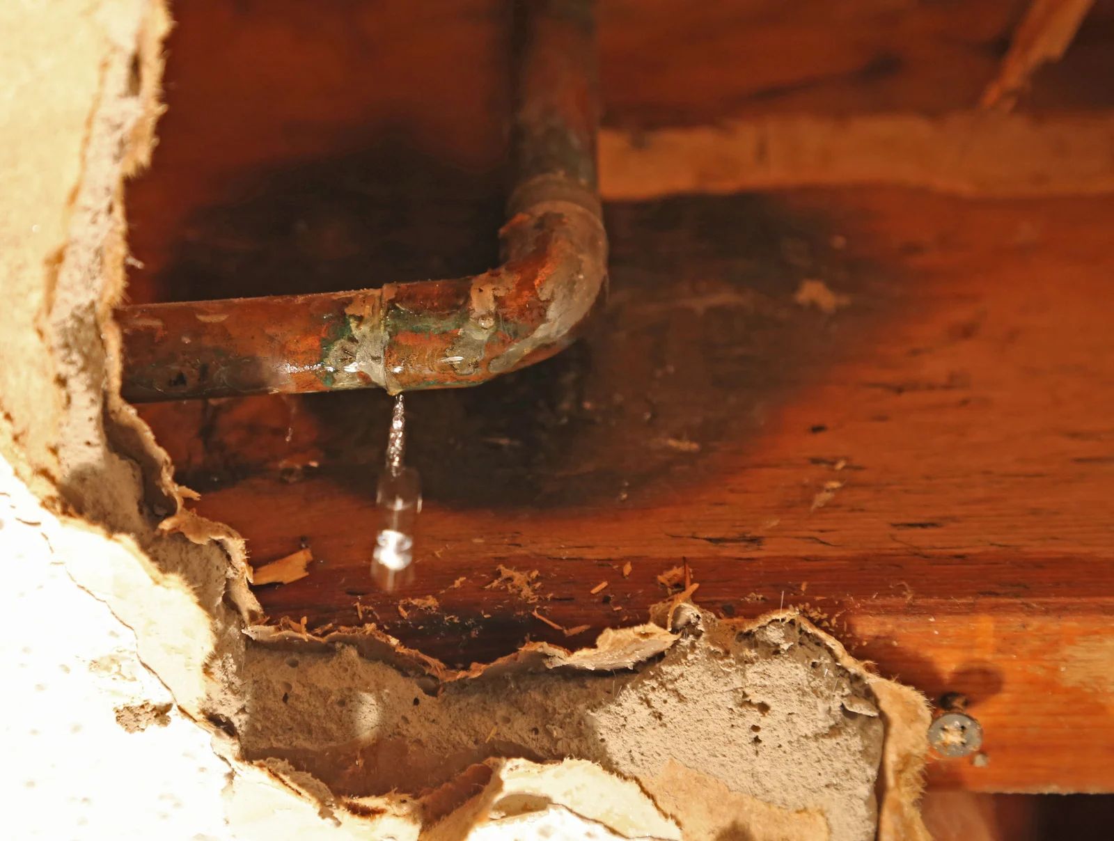 Leaking rusty pipe in a damaged wooden ceiling with water dripping and crumbling plaster