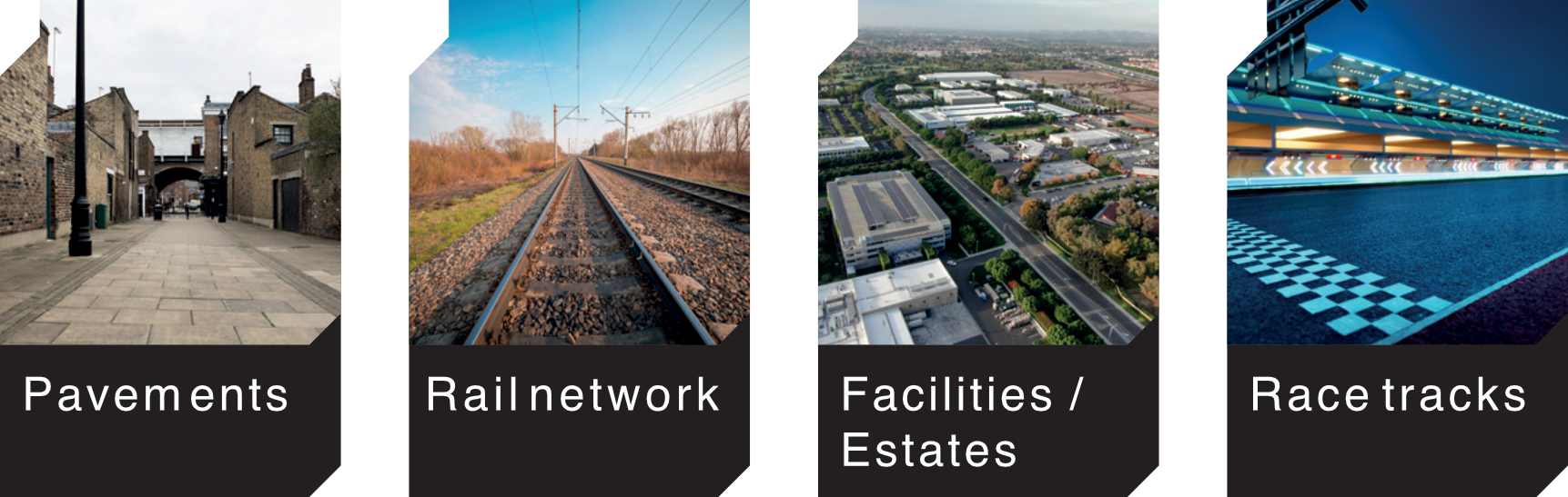 Four small photos of pavements, rail network, facilities estates, and race tracks.