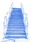 Blue-tinted staircase with railings leading upward