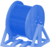 Blue cable spool on a stand, viewed from the side.