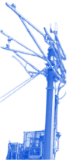 Blue-tinted utility pole with tangled overhead power lines against a white sky