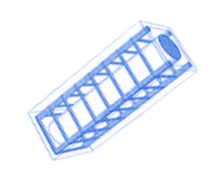 Blue sketch of a rectangular open container with slanted sides and internal supports