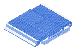 Blue modular plastic platform tiles with textured tops and interlocking edges