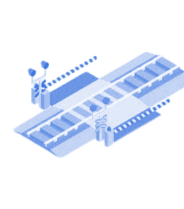 Blue isometric bridge or platform with railings and small decorative streetlights