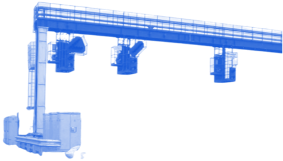 Blue industrial gantry crane spanning a workstation with three hanging machine heads