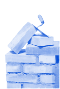 Blue brick wall with a tilted paintbrush resting on top, painted in monochrome blue tones