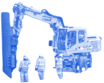 Blue-toned excavator with three workers standing beside it on a white background