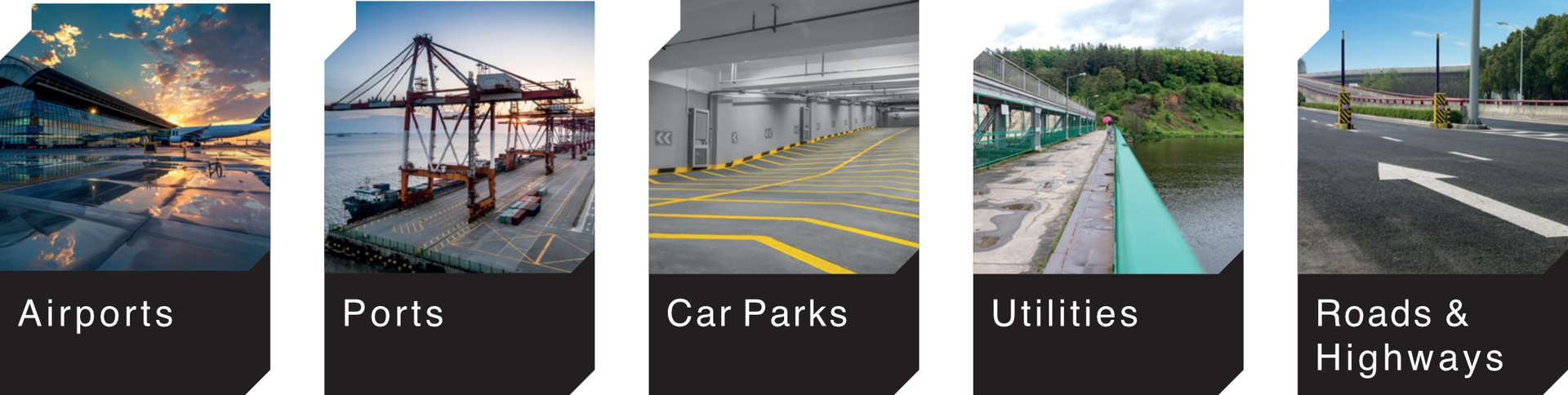 Five navigation tiles labeled Airports, Ports, City Parks, Utilities, and Roads & Highways over infrastructure photos