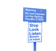 Blue railway warning sign: “Stop, Look, Listen, Beware of trains” with trespass warning and £1000 penalty.