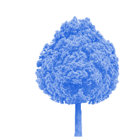 Blue stylized tree with a dense rounded canopy and thin trunk on a white background