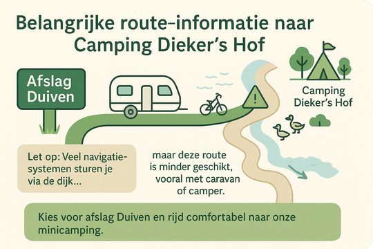 Routebeschrijving naar Camping Dieker's Hof. Vermijd de dijkroute. Gebruik de afslag Duiven voor caravans en campers.