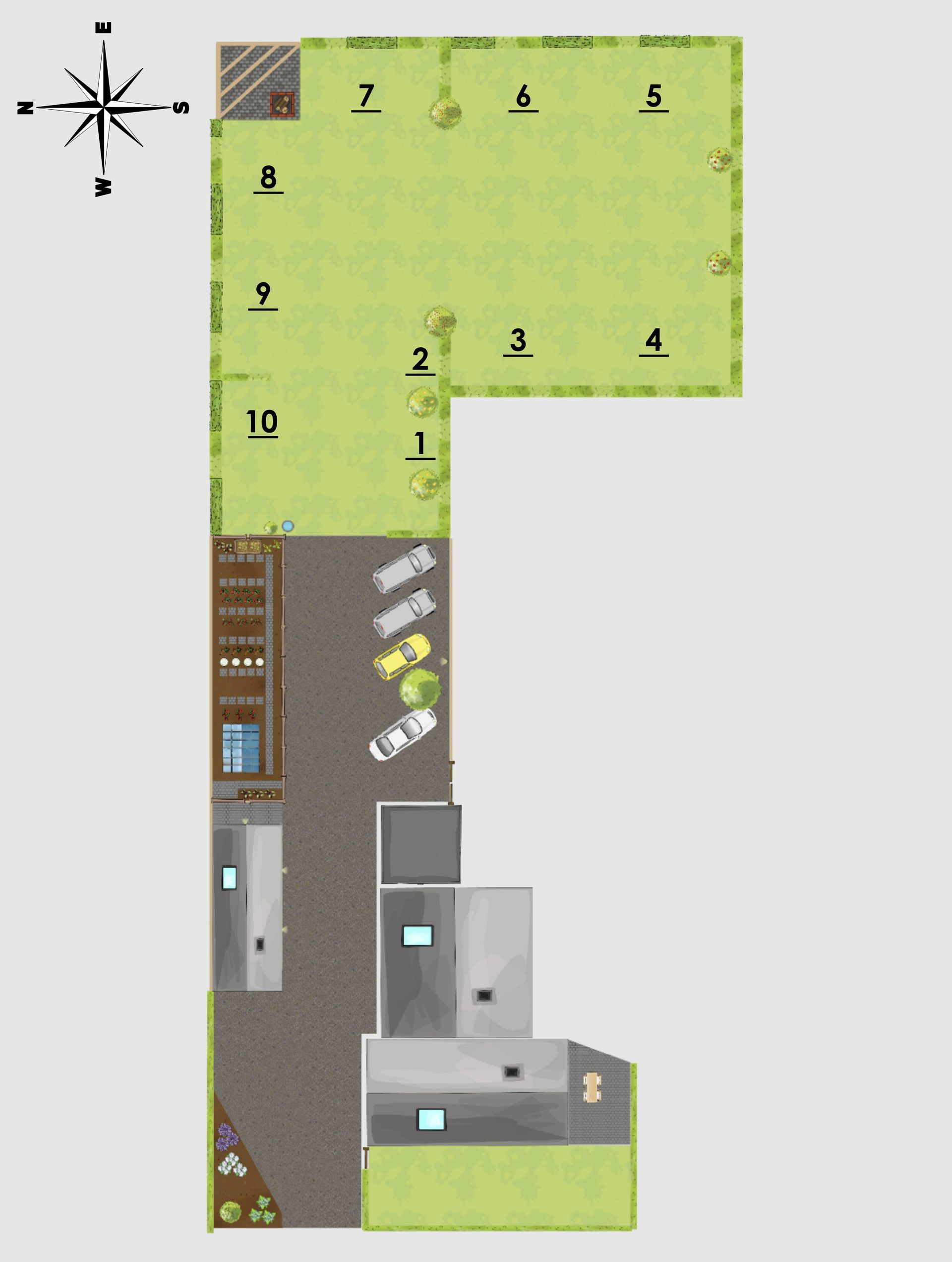 Plattegrond van een perceel van bovenaf, met een L-vormig gazon, parkeerplaats en gebouw met diverse afgebakende zones.