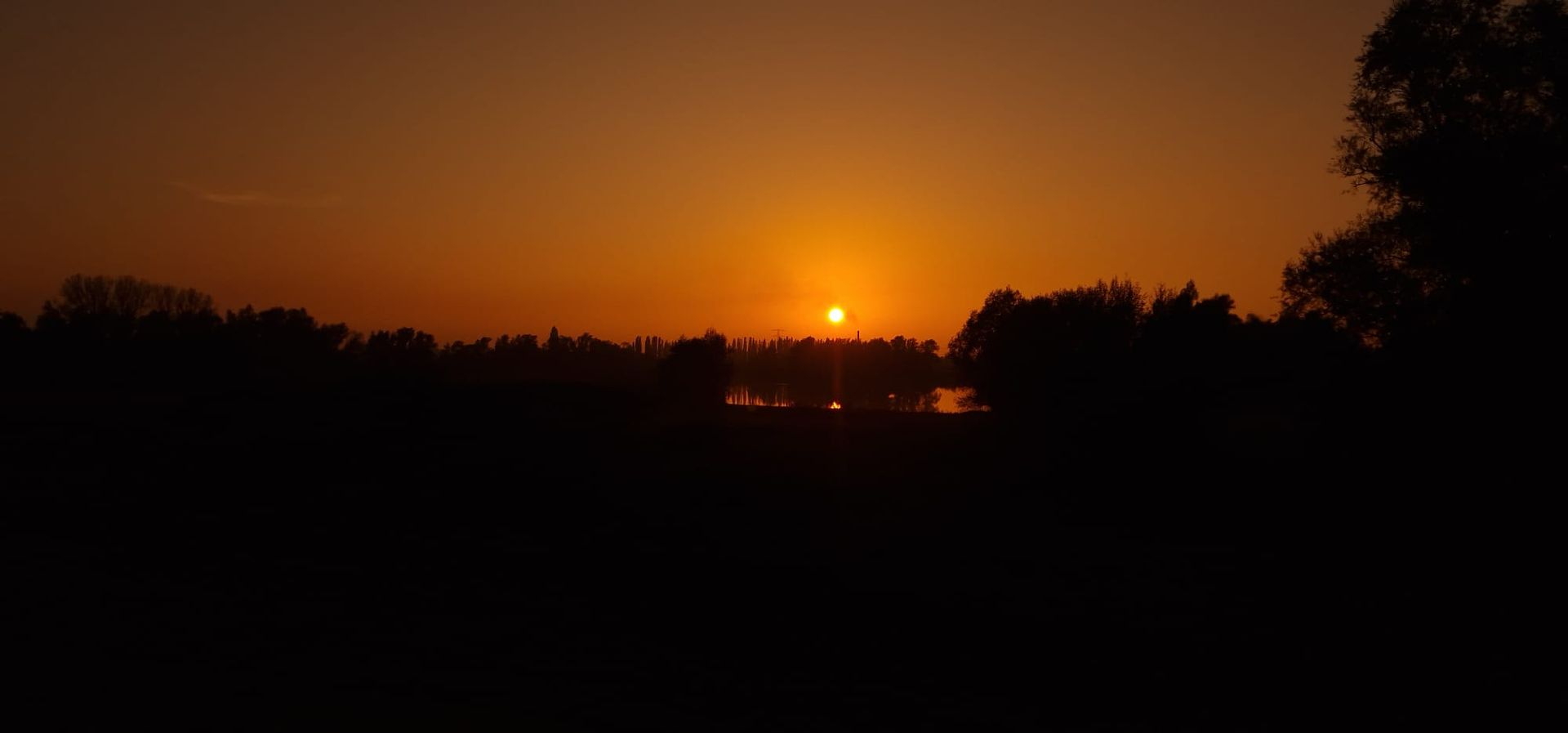 Een levendige oranje zonsondergang boven een silhouet van bomen.