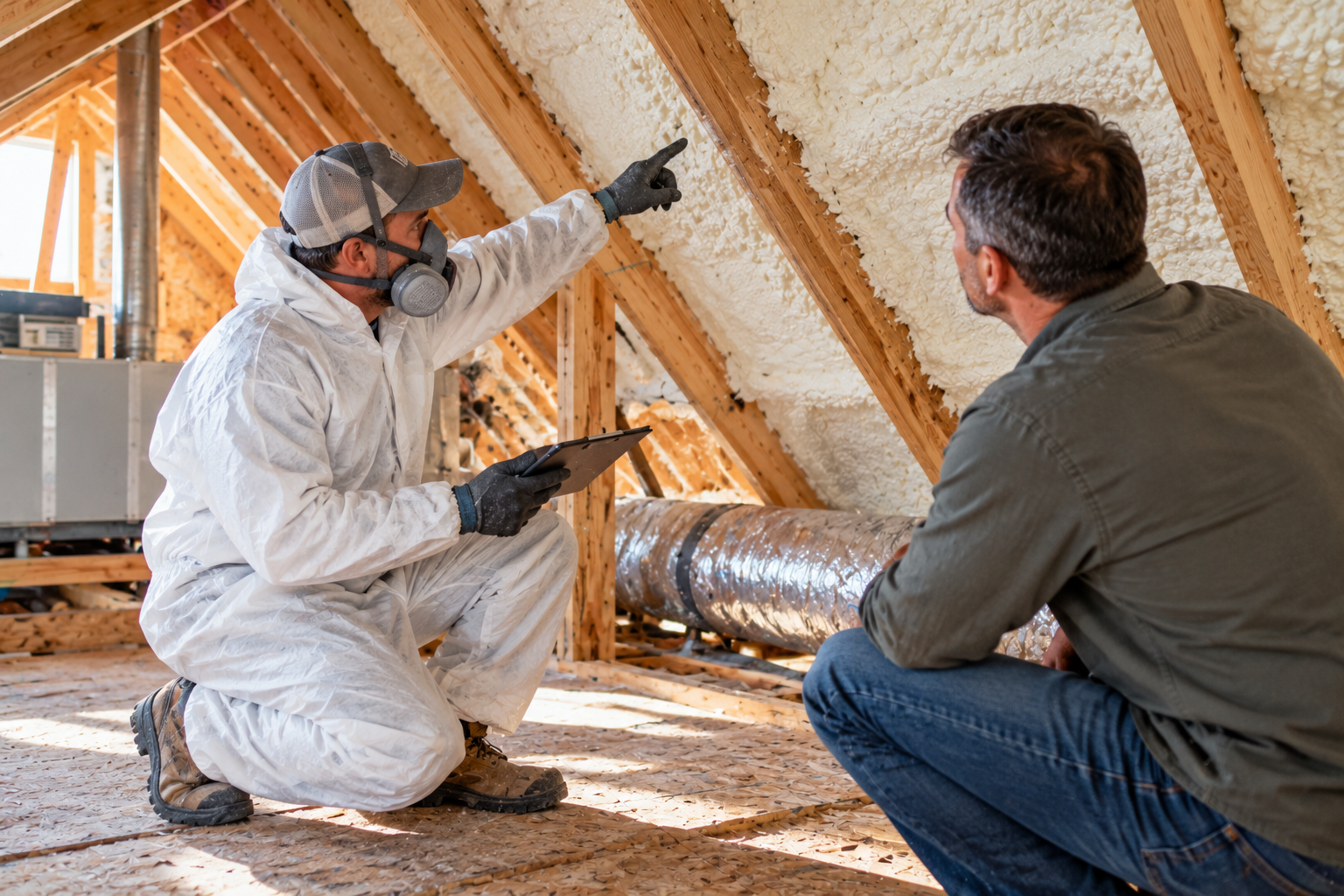 Insulation specialist inspecting attic spray foam with a homeowner in Odessa, Texas