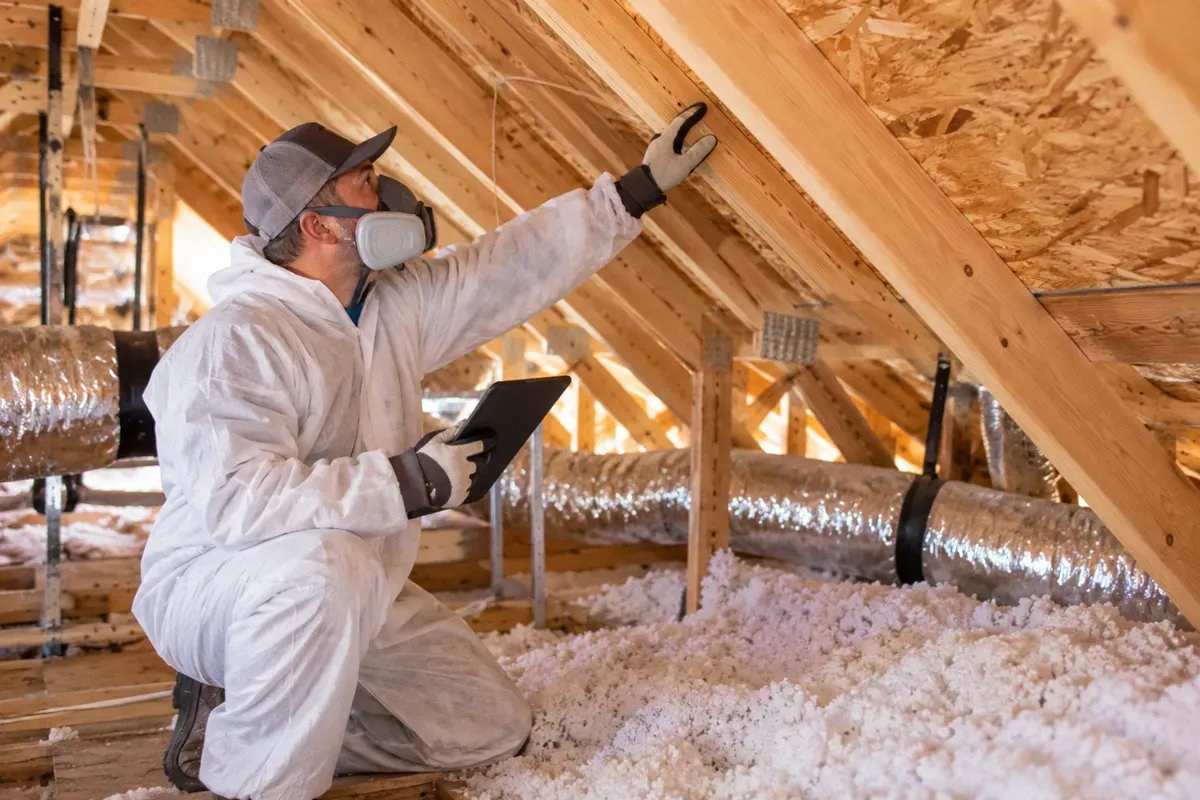 Insulation technician inspecting attic rafters in Odessa, TX.