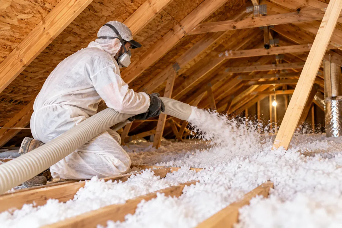 Technician installing blown-in attic insulation in a Midland home.