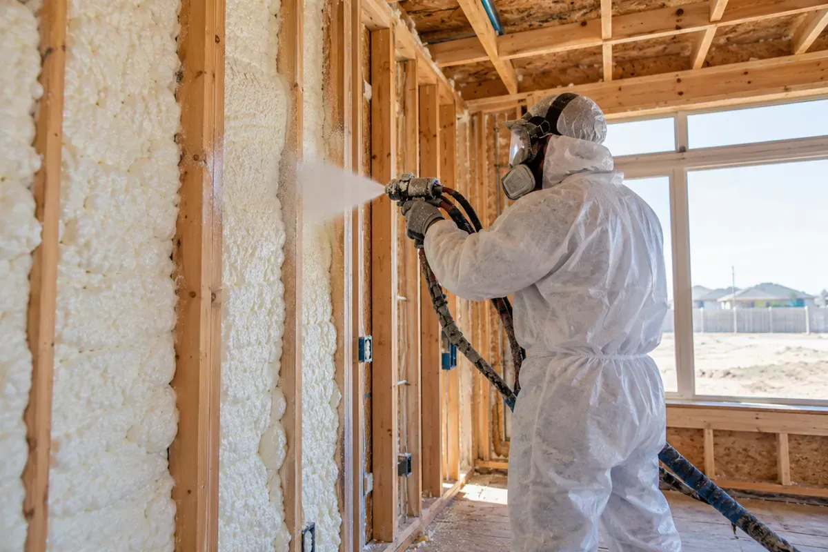 Specialist applying closed-cell spray foam insulation in an Odessa, TX home